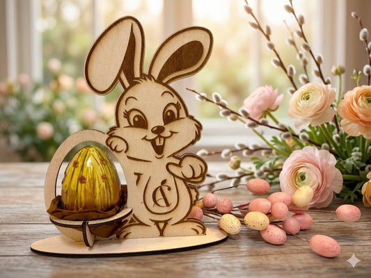 Комплект шоколадово великденско яйце с дървена фигура заек