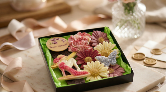 Кутия с пролетни шоколадови цветя – ръчно изработен шоколад подарък